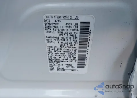 2015 Nissan Rogue Select S z USA, uszkodzony, nr VIN JN8AS5MT9FW156712